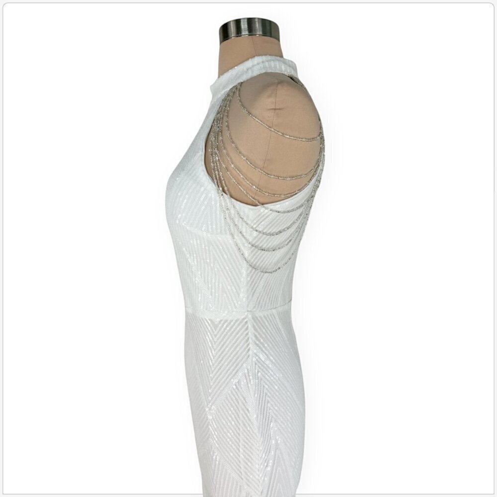 Elegant White Maxi Dress with Beaded Shoulder Chains - Picture 4 of 6